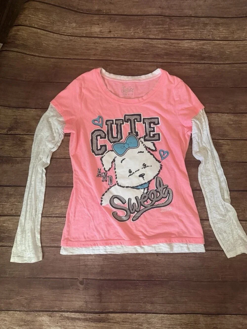 Girl’s Justice White Dog Cute Sweet Long Sleeve Double Shirt Size 14